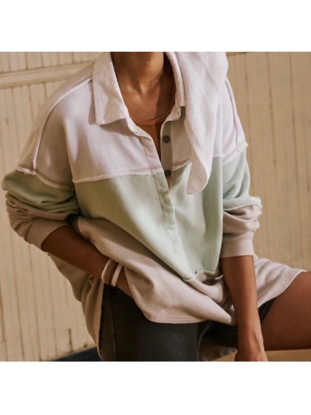 Free People Two-Tone Polo Sweatshirt in Cream & Sage